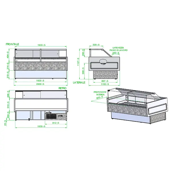 Koeltoonbank | SERIE M | 0°C/+4°C | Geventileerd | 0.83kW | Kantelruit | 2000x1140x1126(h)mm