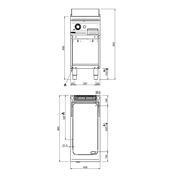 Bak-/Grillplaat | OPTIMA 900 | Gas | Glad Oppervlak 380x720 (Gietijzer) | 9.2kW | Piëzo Ontsteking | Open Onderkast | 400x900x850/952(h)mm