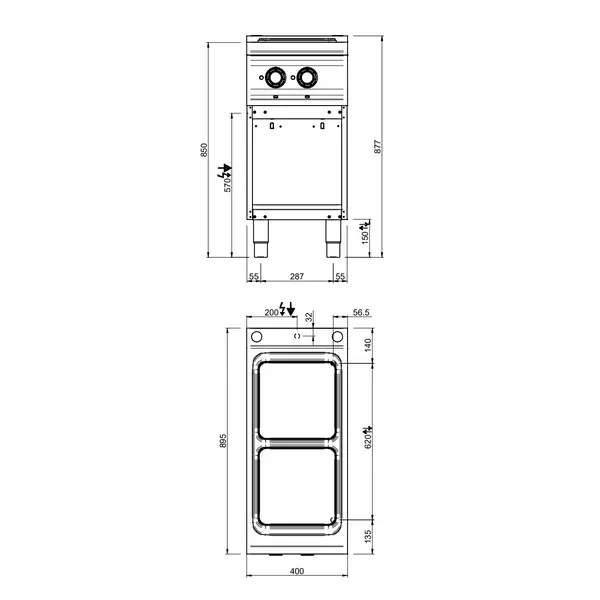 Fornuis | OPTIMA 900 | Elektrisch | 2 Kookpunten (300x300) | 6kW (400V) | Open Onderkast | 400x900x850/877(h)mm