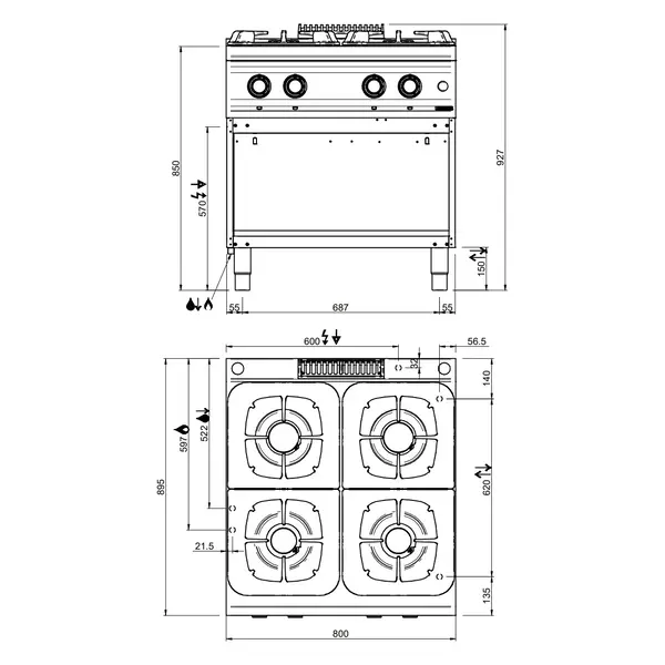 Fornuis | OPTIMA 900 | Gas | 4 Branders (2x 7 kW + 2x 11kW) | Waakvlam | Open Onderkast | 800x900x850/927(h)mm