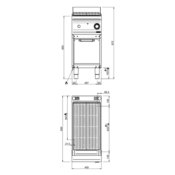 Lavasteengrill | OPTIMA 900 | Gas | Oppervlak 368x638 (Gietijzer) | 10kW | Piëzo Ontsteking | Open Onderkast | 400x900x850/972(h)mm