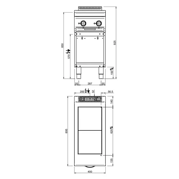 Fornuis | OPTIMA 900 | Elektrisch | 2 Kookpunten (300x300) | 5kW (400V) | Open Onderkast | 400x900x850/925(h)mm