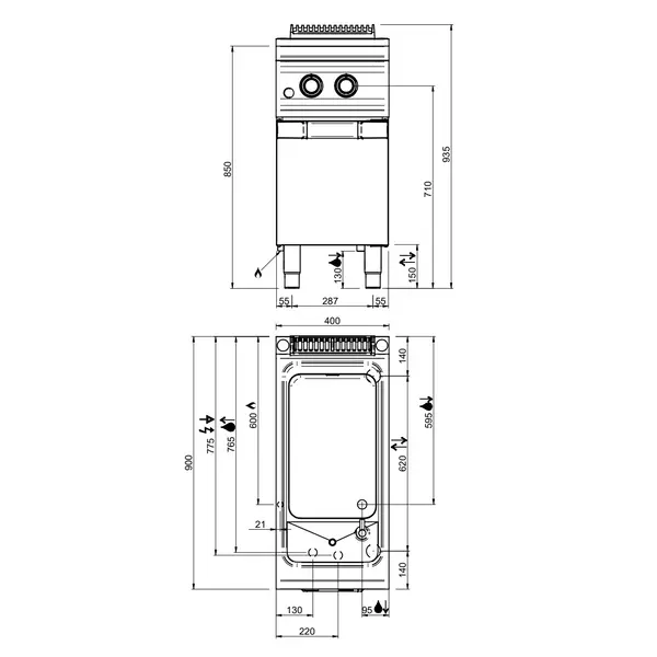 Pastakoker | OPTIMA 900 | Gas | 40L | 13.3kW | Piëzo Ontsteking | Vulkraan + Aftapkraan | 400x900x850/935(h)mm