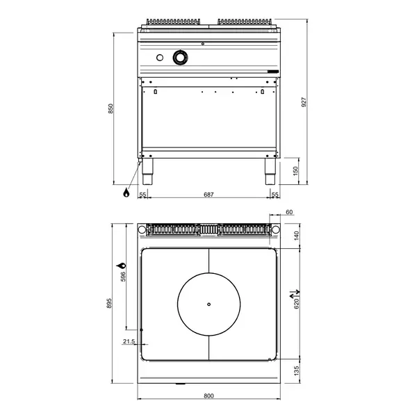 Doorkookplaat | OPTIMA 900 | Gas | 12kW | Piëzo Ontsteking | Open Onderkast | 800x900x850/927(h)mm