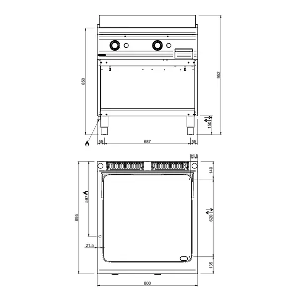 Bak-/Grillplaat | OPTIMA 900 | Gas | Glad Oppervlak 780x720 (Gietijzer) | 18.4kW | Piëzo Ontsteking | Open Onderkast | 800x900x850/952(h)mm