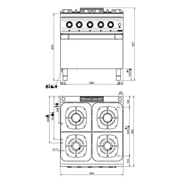 Fornuis + Oven | OPTIMA 900 | Gas | 4 Branders (2x 7kW + 2x 11kW) + 2/1 GN Oven (7kW) | Waakvlam/Piëzo | 800x900x850/927(h)mm