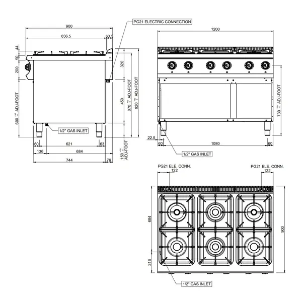 Fornuis | OPTIMA 900 | Gas | 6 Branders (3x 7 kW + 3x 11kW) | Waakvlam | Open Onderkast | 1200x900x850/927(h)mm