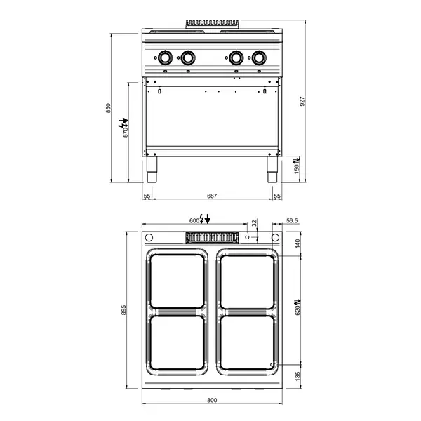 Fornuis | OPTIMA 900 | Elektrisch | 4 Kookpunten (300x300) | 13kW (400V) | Open Onderkast | 800x900x850/927(h)mm
