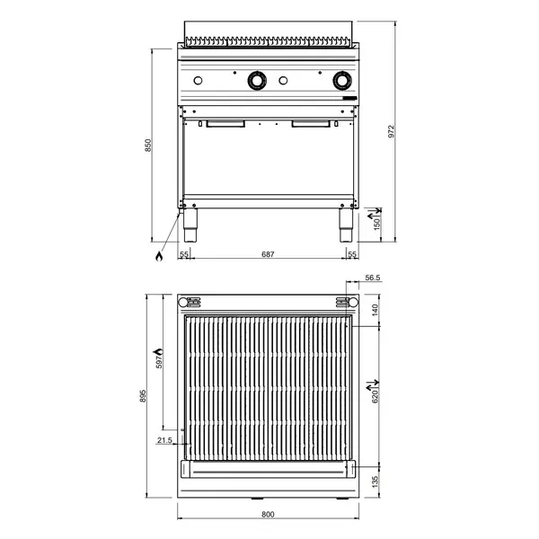 Lavasteengrill | OPTIMA 900 | Gas | Oppervlak 736x638 (Gietijzer) | 20kW | Piëzo Ontsteking | Open Onderkast | 800x900x850/972(h)mm