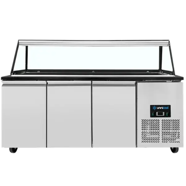 Saladette | 3 Deuren | Boven 5x 1/1 GN | 0°C/+8°C | Geforceerd | Glasopzet | Wielen | 1880x820x855(h)mm