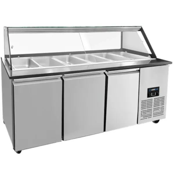 Saladette | 3 Deuren | Boven 5x 1/1 GN | 0°C/+8°C | Geforceerd | Glasopzet | Wielen | 1880x820x855(h)mm
