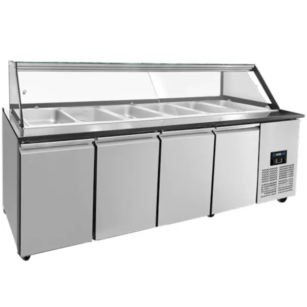 Saladette | 4 Deuren | Boven 6x 1/1 GN | 0°C/+8°C | Geforceerd | Glasopzet | Wielen | 2230x820x855(h)mm