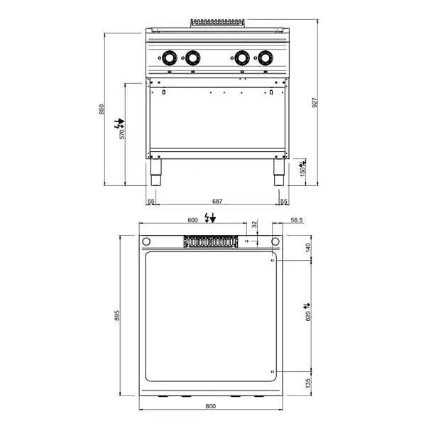 Doorkookplaat | OPTIMA 900 | Elektrisch | 4 Zones | 14kW (400V) | Open Onderkast | 800x900x850/927(h)mm