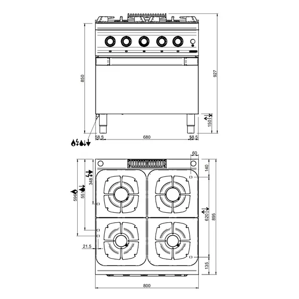 Fornuis + Oven | OPTIMA 900 | Gas/Elektrisch | 4 Branders (2x 7kW + 2x 11kW) + 2/1 GN Oven/Grill (6kW-400V) | Waakvlam | 800x900x850/927(h)mm