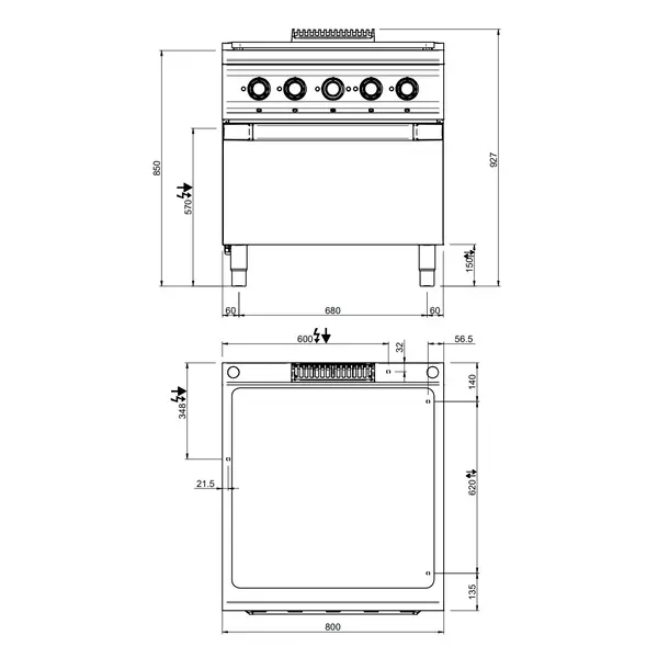 Doorkookplaat + Oven | OPTIMA 900 | Gas | 12kW + 2/1 GN Oven (7kW) | Piëzo Ontsteking | 800x900x850/927(h)mm