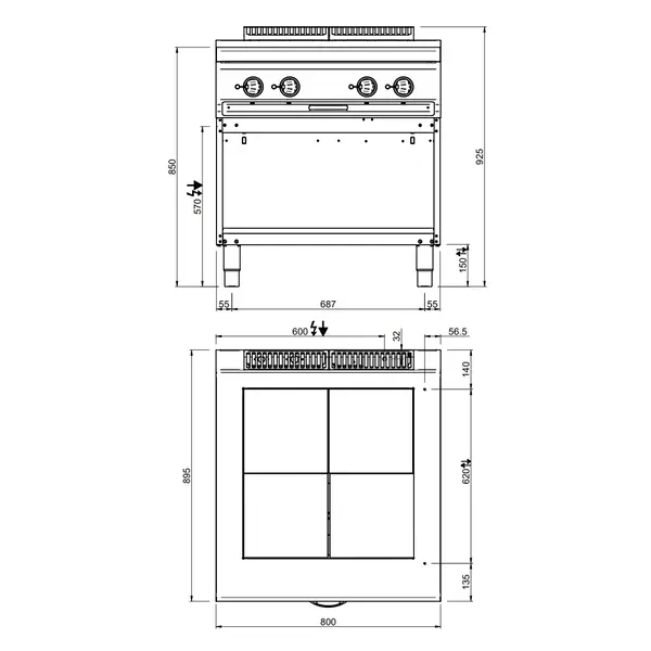 Fornuis | OPTIMA 900 | Elektrisch | 4 Kookpunten (300x300) | 10kW (400V) | Open Onderkast | 800x900x850/925(h)mm