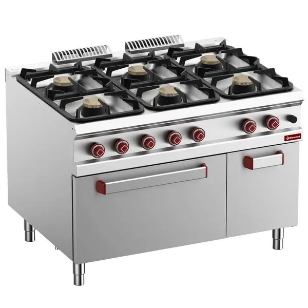 Fornuis + Oven | OPTIMA 900 | Gas | 6 Branders (3x 7kW + 3x 11kW) + 2/1 GN Oven (6kW) | Waakvlam/Piëzo | Neutraal Vak | 1200x900x850/927(h)mm