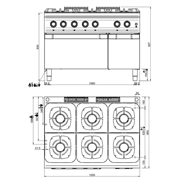 Fornuis + Oven | OPTIMA 900 | Gas | 6 Branders (3x 7kW + 3x 11kW) + 2/1 GN Oven (6kW) | Waakvlam/Piëzo | Neutraal Vak | 1200x900x850/927(h)mm