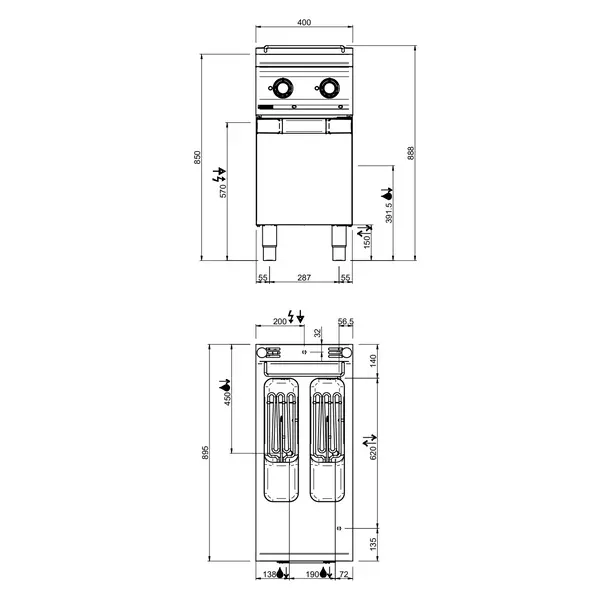 Friteuse | OPTIMA 900 | Elektrisch | 8+8L | 100°C/180°C | 10.5kW (400V) | Aftapkranen | 400x900x850/888(h)mm