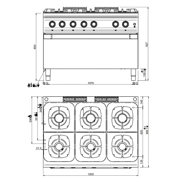 Fornuis + Maxi Oven | OPTIMA 900 | Gas | 6 Branders (3x 7kW + 3x 11kW) + Oven (10kW) | Waakvlam/Piëzo | 1200x900x850/927(h)mm