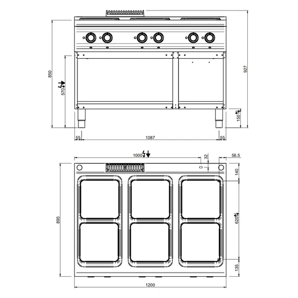 Fornuis | OPTIMA 900 | Elektrisch | 6 Kookpunten (300x300) | 20kW (400V) | Open Onderkast | 1200x900x850/927(h)mm