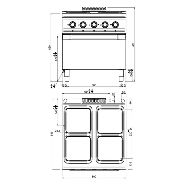 Fornuis + Oven | OPTIMA 900 | Elektrisch | 4 Kookpunten (300x300) + 2/1 GN Oven/Grill | 19kW (400V) | 800x900x850/927(h)mm