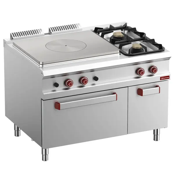 Fornuis/Doorkookplaat + Oven | OPTIMA 900 | Gas | 2 Branders (7+11kW) + Plaat (12kW) + 2/1 GN Oven (7kW) | Waakvlam/Piëzo | Neutraal Vak | 1200x900x850/927(h)mm