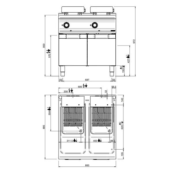 Friteuse | OPTIMA 900 | Elektrisch | 18+18L | 100°C/180°C | 32kW (400V) | Aftapkranen | 800x900x850/972(h)mm