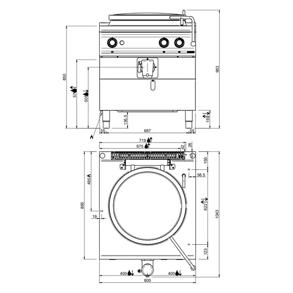 Kookketel | OPTIMA 900 | Gas | 100L | Directe Verhitting | 21kW | Piëzo Ontsteking | Vulkraan + Aftapkraan | 800x900x850/983(h)mm