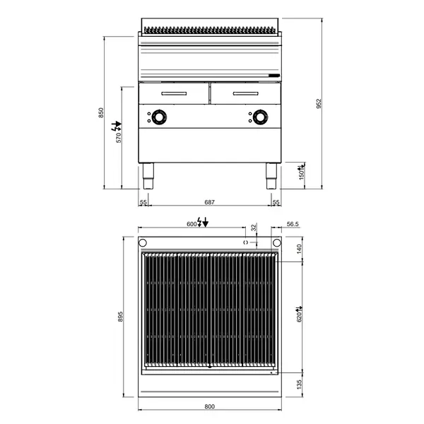 Stoomgrill | OPTIMA 900 | Elektrisch | Oppervlak 740x640 (Gietijzer) | 14kW (400V) | Uitneembare Waterladen | 800x900x850/952(h)mm