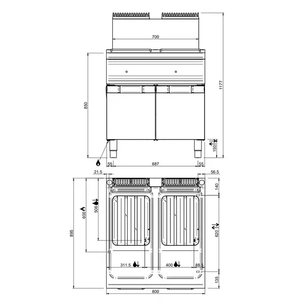 Friteuse | OPTIMA 900 | Gas | 18+18L | 90°C/190°C | 36kW | Piëzo Ontsteking | Aftapkranen | 800x900x850/1177(h)mm