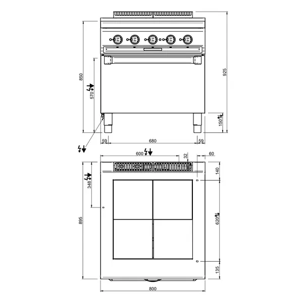 Fornuis + Oven | OPTIMA 900 | Elektrisch | 4 Kookpunten (300x300) + 2/1 GN Oven/Grill | 16kW (400V) | 800x900x850/925(h)mm