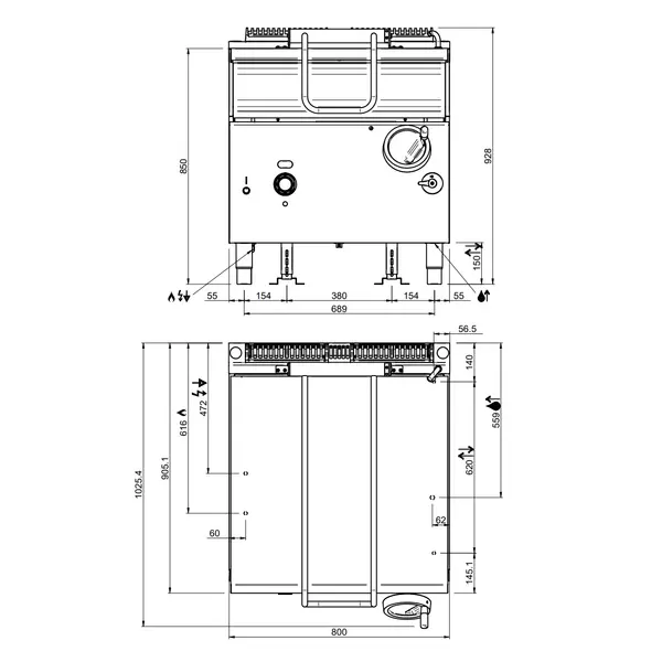 Kantelbare Braadpan | OPTIMA 900 | Gas | 80L | 90°C/300°C | 20kW | Piëzo Ontsteking | Vulkraan | 800x900x850/928(h)mm