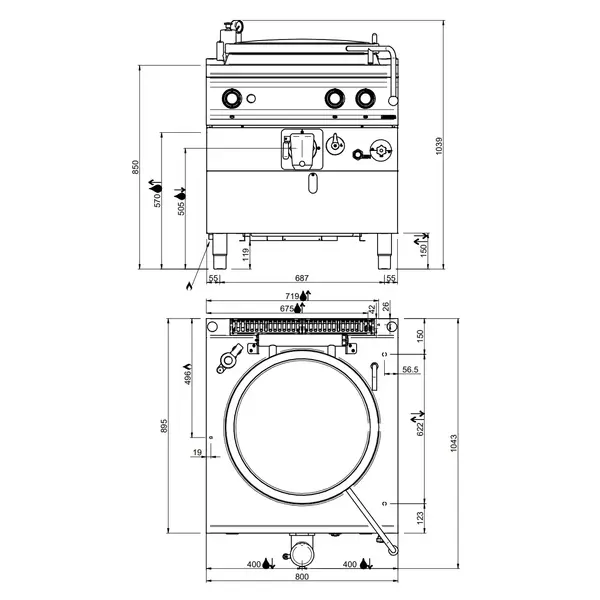 Kookketel | OPTIMA 900 | Gas | 100L | Indirecte Verhitting | 21kW | Piëzo Ontsteking | Vulkraan + Aftapkraan | 800x900x850/1039(h)mm