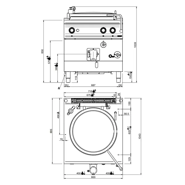 Kookketel | OPTIMA 900 | Gas | 150L | Indirecte Verhitting | 21kW | Piëzo Ontsteking | Vulkraan + Aftapkraan | 800x900x850/1039(h)mm