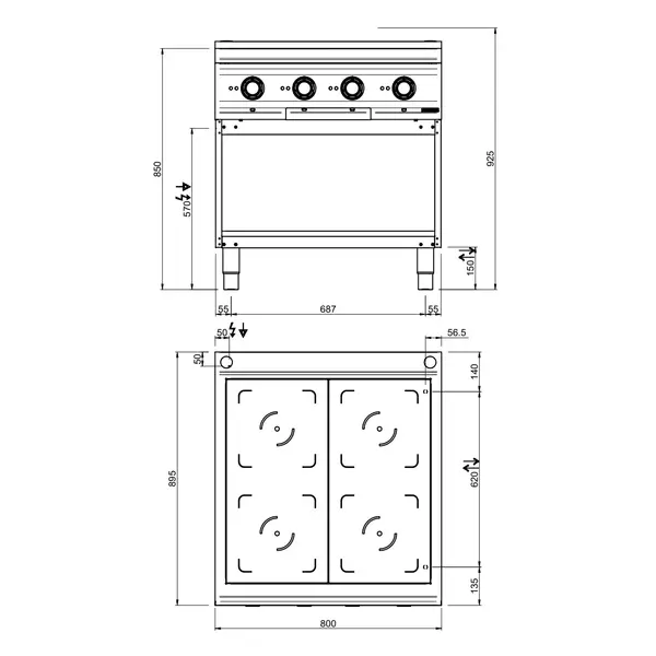 Inductiefornuis | OPTIMA 900 | 4 Kookpunten | 20kW (400V) | Open Onderkast | 800x900x850/925(h)mm