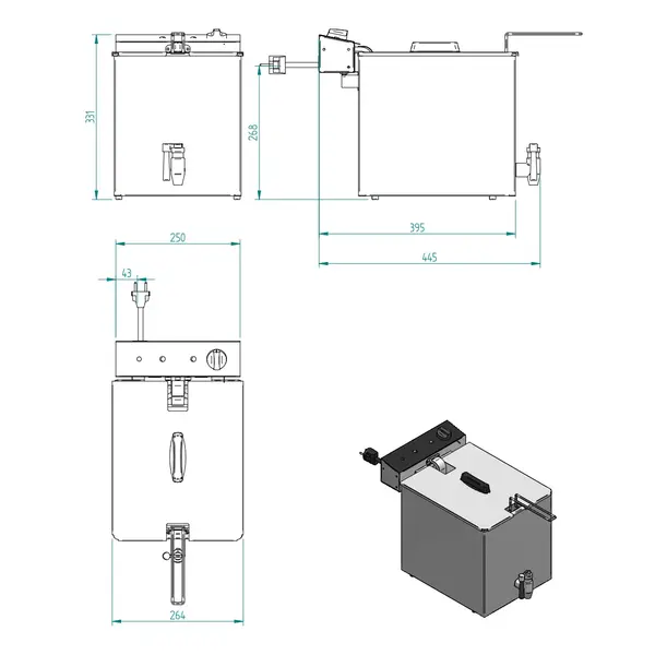 Friteuse | Elektrisch | 8L | 0°C/190°C | 3kW (230V) | Aftapkraan | 265x445x350(h)mm
