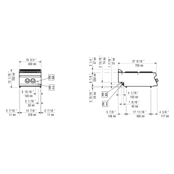 Fornuis | MAXIMA 700+ | Elektrisch | 2 Kookpunten (Ø230) | 5.2kW (400V) | 400x700x274/332(h)mm