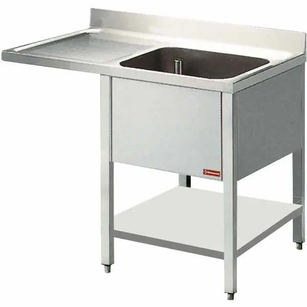 Spoeltafel | RVS | 1 Spoelbak (Rechts) + Afdruipvlak | Bodemschap + Voorlader | Achteropstand | 1400x700x880/1000(h)mm