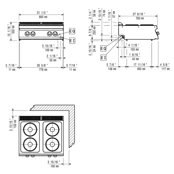 Fornuis | MAXIMA 700+ | Elektrisch | 4 Kookpunten (Ø230) | 10.4kW (230V-3F) | 800x700x274/332(h)mm