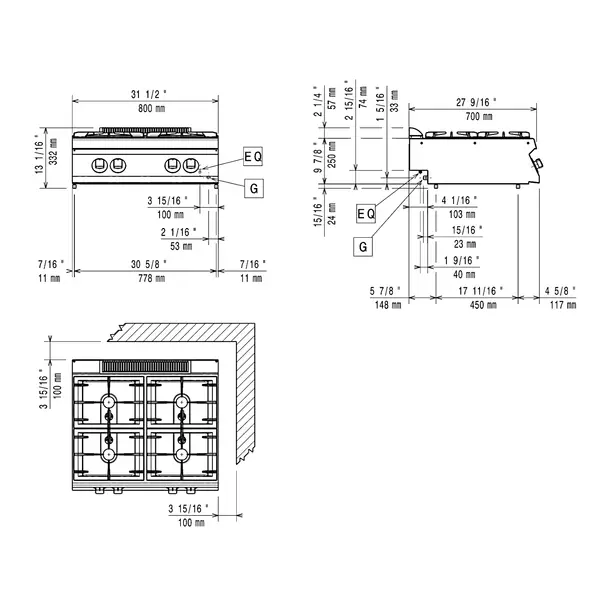 Fornuis | MAXIMA 700+ | Gas | 4 Branders (4x 5.5kW) | Waakvlam | 800x700x274/332(h)mm