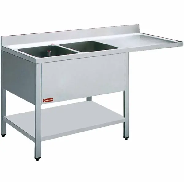 Spoeltafel | RVS | 2 Spoelbakken (Links) + Afdruipvlak | Bodemschap + Voorlader | Achteropstand | 1800x700x880/1000(h)mm