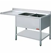 Diamond Spoeltafel | RVS | 2 Spoelbakken (Rechts) + Afdruipvlak | Bodemschap + Voorlader | Achteropstand | 1800x700x880/1000(h)mm