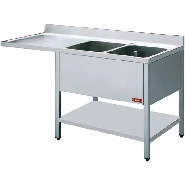 Spoeltafel | RVS | 2 Spoelbakken (Rechts) + Afdruipvlak | Bodemschap + Voorlader | Achteropstand | 1800x700x880/1000(h)mm