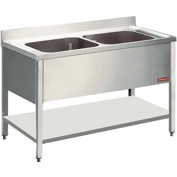 Spoeltafel | RVS | 2 Spoelbakken (Midden) | Bodemschap | Achteropstand | Gelaste Constructie | 1400x700x880/1000(h)mm