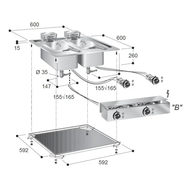 Inbouwfriteuse | Elektrisch | 10+10L | 14.5kW (400V) | Aftapkranen | 600x600x356(h)mm