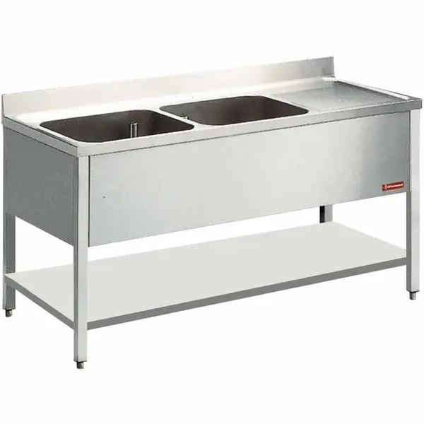 Spoeltafel | RVS | 2 Spoelbakken (Links) + Afdruipvlak | Bodemschap | Achteropstand | Gelaste Constructie | 2000x700x880/1000(h)mm