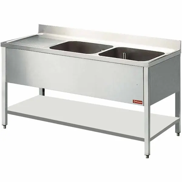 Spoeltafel | RVS | 2 Spoelbakken (Rechts) + Afdruipvlak | Bodemschap | Achteropstand | Gelaste Constructie | 2000x700x880/1000(h)mm