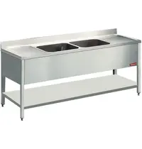 Diamond Spoeltafel | RVS | 2 Spoelbakken (Midden) + Afdruipvlak | Bodemschap | Achteropstand | 2000x700x880/1000(h)mm