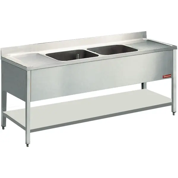 Spoeltafel | RVS | 2 Spoelbakken (Midden) + Afdruipvlak | Bodemschap | Achteropstand | 2000x700x880/1000(h)mm